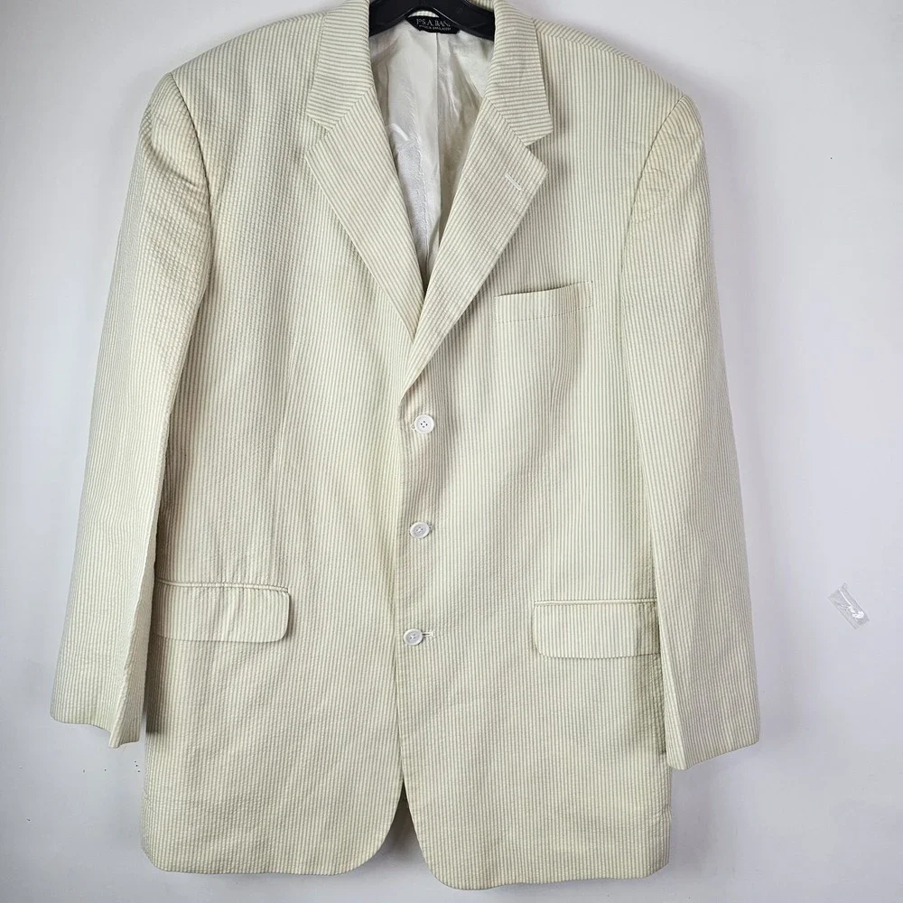 Jos A Bank Seersucker Stays Cool Beige Striped Sport Blazer Jacket Mens 46L